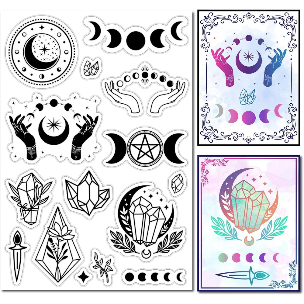 Clear Silicone Stamps For Card Making - Mondphasen-Kristall-Stempel, magische Hände, Stern, Vintage, transparent,