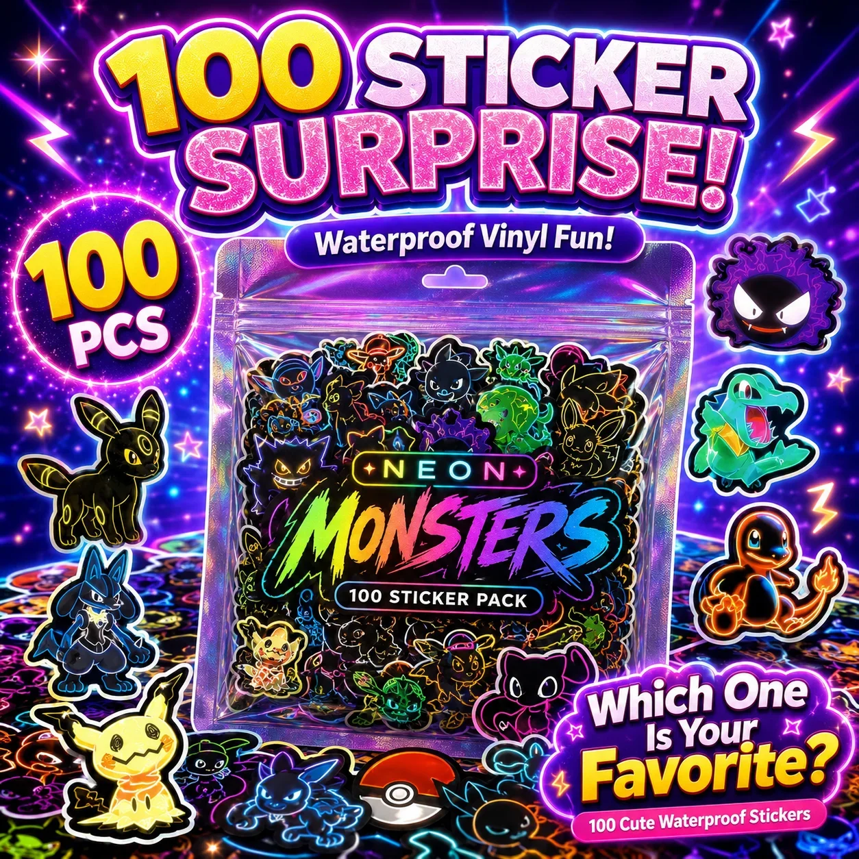 Scrapbooking - 100 Stück Neon Pokémon Aufkleber, wasserfeste